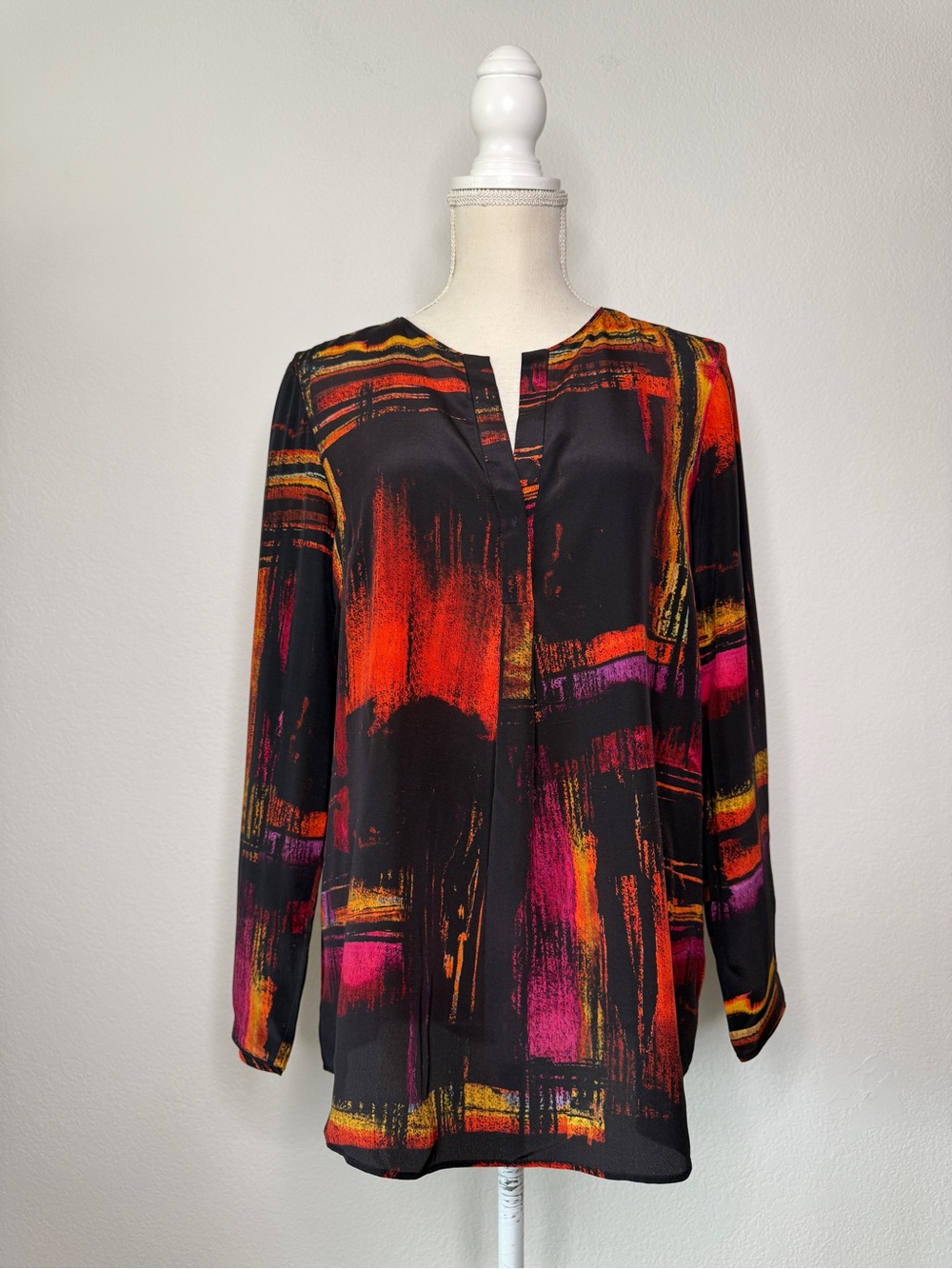 Lafayette 148 Blouse Silk Abstract Multi Color Button Down Black Size M